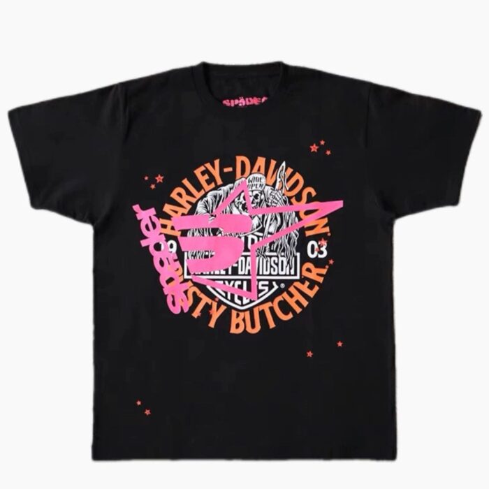The Sp5der Harley Davidson 3 Star T-Shirt – Black is a bold fusion of two iconic styles — Sp5der’s streetwear edge and Harley Davidson’s legendary biker spirit. Featuring a standout 3-star